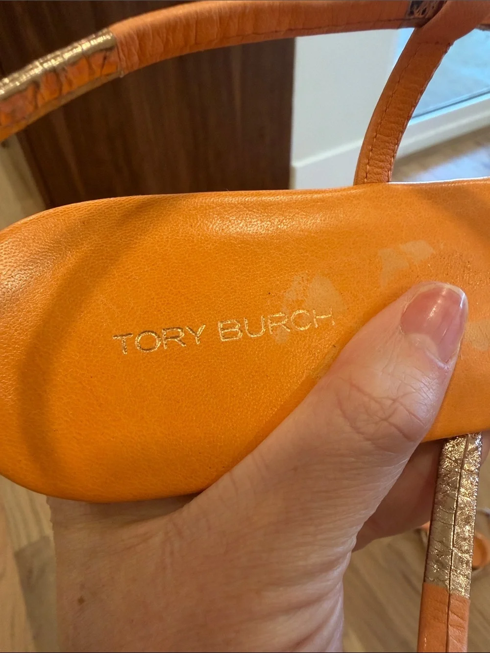 Tory Burch Orange and Gold Multi-Strap Flat Sandals
